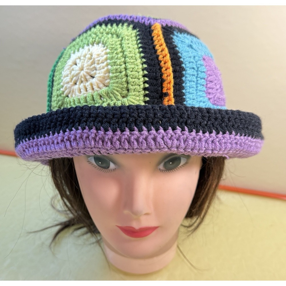 Y2K Granny Square Crocheted Bucket Hat Skater Hippie Boho Cottagecore Crocheted
